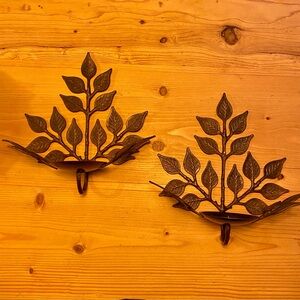 Decorative Metal Leaf Pillar Candle Holders (Set of 2)